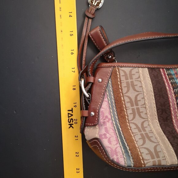 VTG Fossil Ladies Multi Colored Patchwork Leather & Fabric Shoulder Baguette Bag - Picture 10 of 13